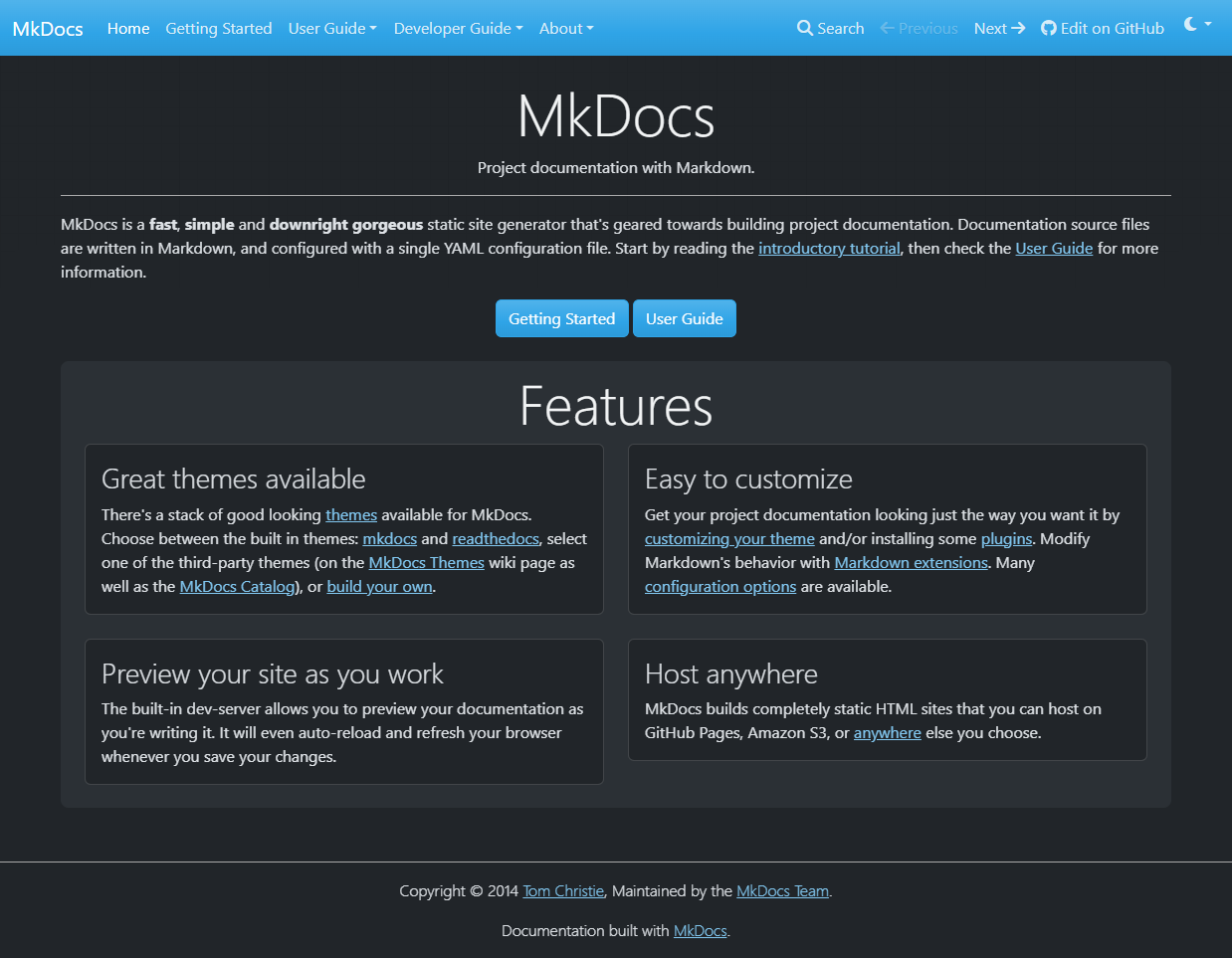 MkDocs theme in dark mode